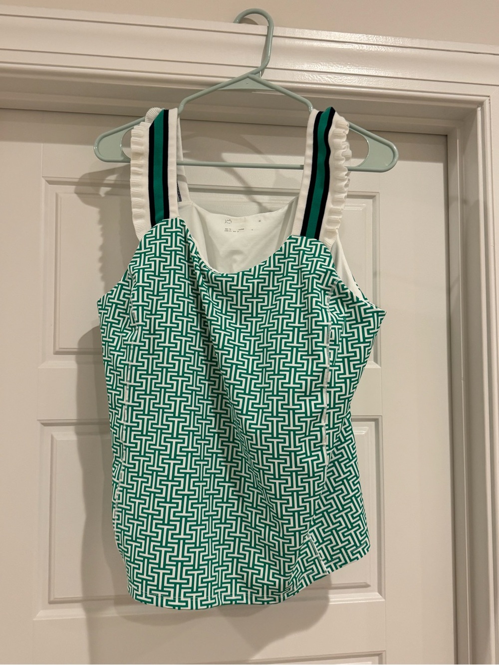 Southern Tide Green Geo Ruffle-Trim Tank Top